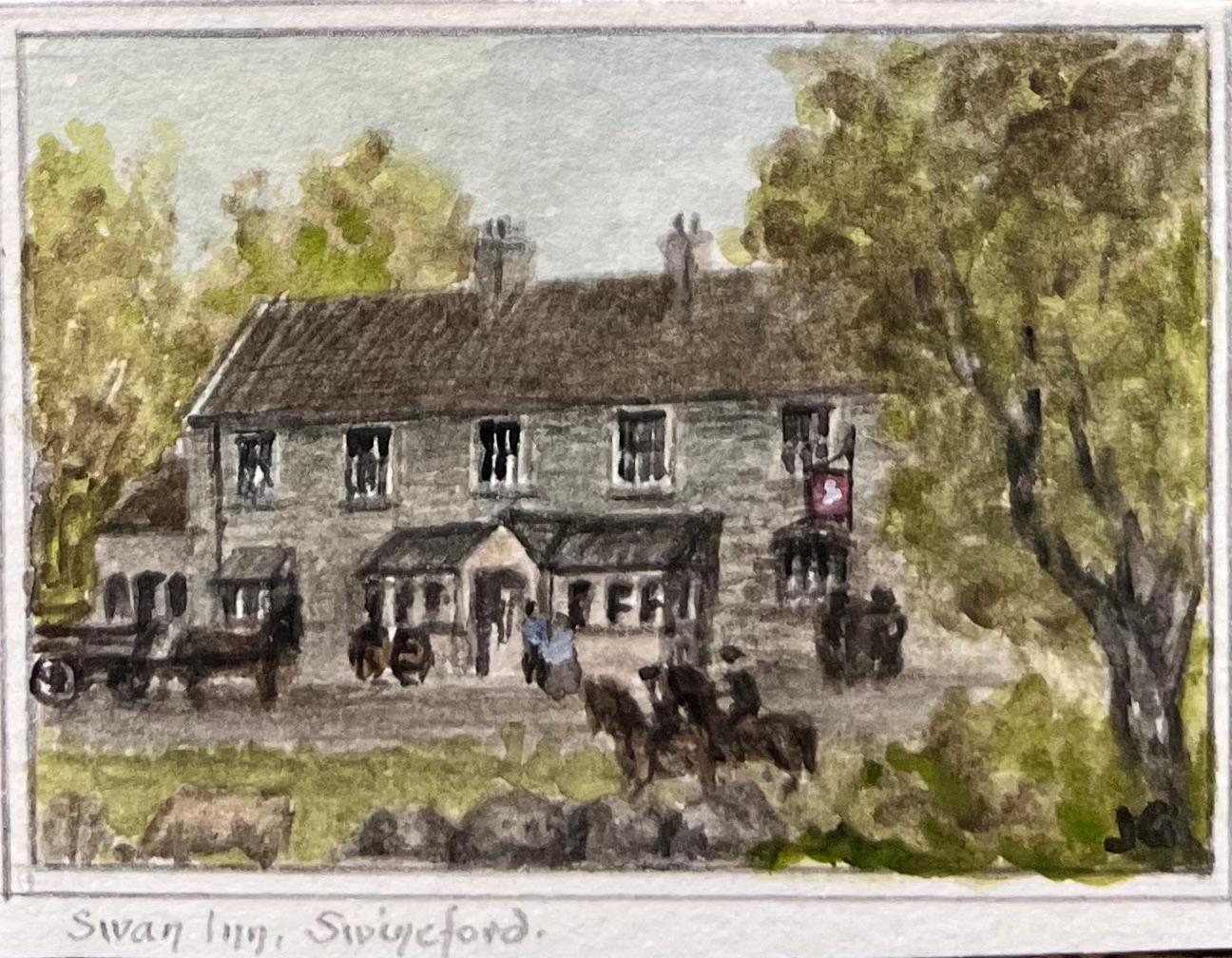 Titel: Satz von drei Miniaturaquarellen historischer Gasthäuser und Armenhäuser in Bristol
von Jack Grunwell, britischer Künstler des 20. 
Medium: Aquarell auf dünnem Karton, ungerahmt
Maße (jeweils): Ca. zwischen: 2,25 Zoll (Höhe) x 2,75 Zoll