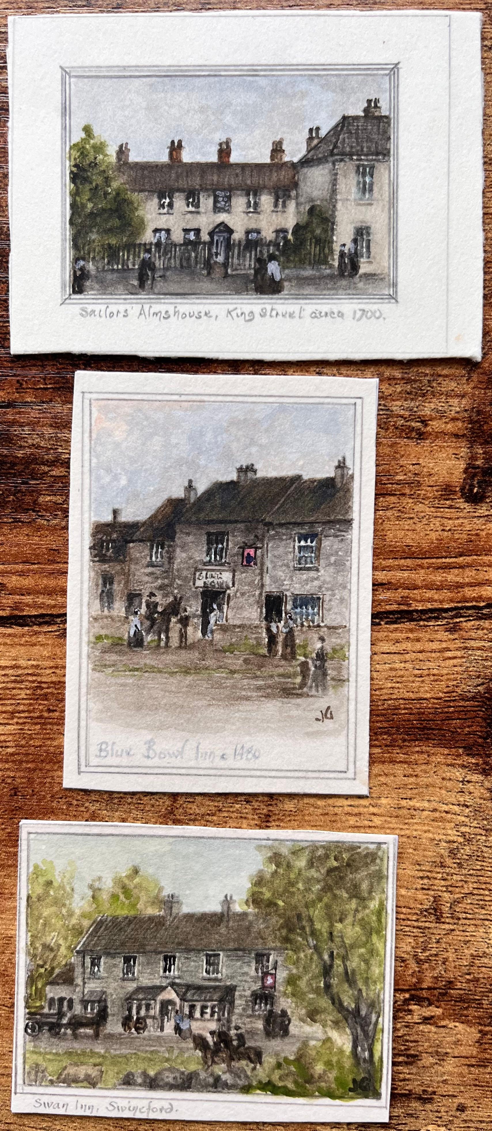 Satz von drei Miniatur-Aquarellen historischer Gasthäuser und Armenhäuser in Bristol – Painting von Jack Grunwell