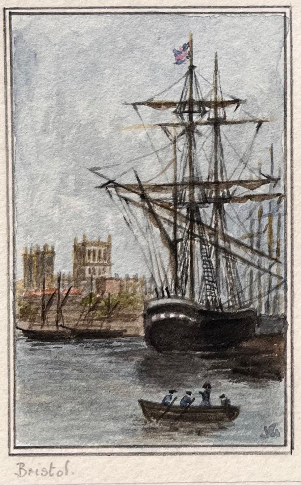 Title: Set of Five Miniature Maritime Watercolors of Bristol Ships and Redcliffe
by Jack Grunwell, 20th century British artist 
Medium: Watercolor on thin card, unframed
Measurements (each): Approx. between: 3.75 inches (height) x 2.25 inches