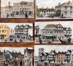 Conjunto de seis acuarelas en miniatura de calles y edificios históricos de Bristol