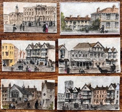 Satz von sechs Miniatur-Aquarellen historischer Straßen und Gebäude von Bristol