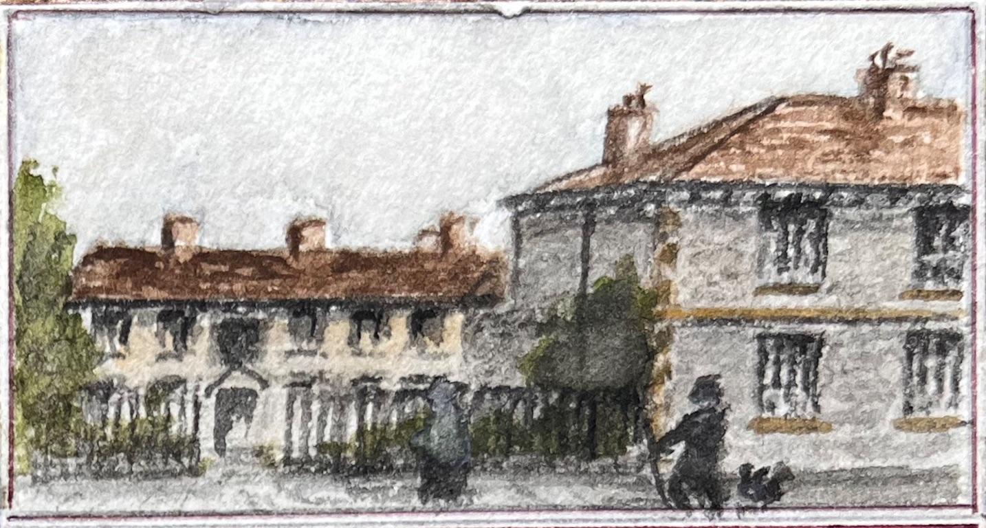 Title: Set of Six Miniature Watercolors of Historic Bristol Streets and Buildings
by Jack Grunwell, 20th century British artist 
Medium: Watercolor on thin card, unframed
Measurements (each): Approx.: 1.5 inches (height) x 2.75 inches