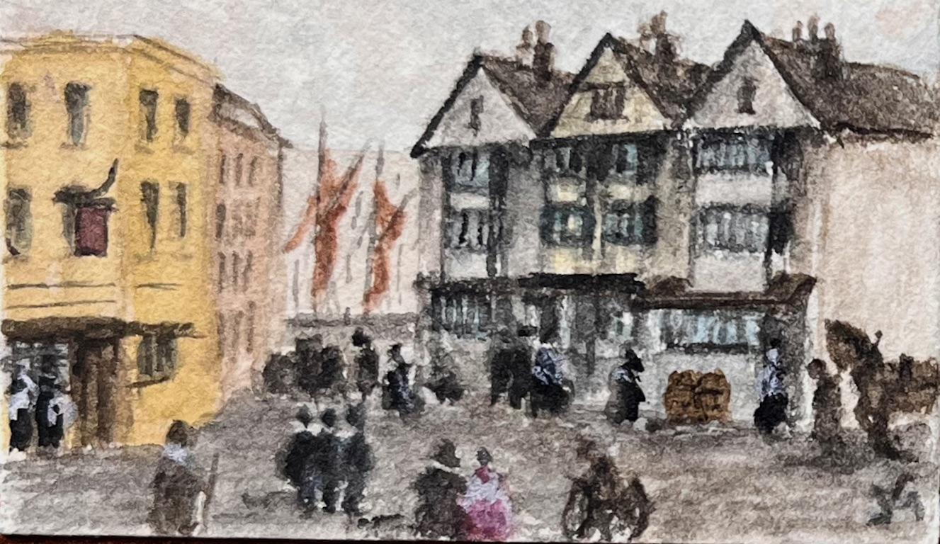 Set of Six Miniature Watercolors of Historic Bristol Streets and Buildings For Sale 1