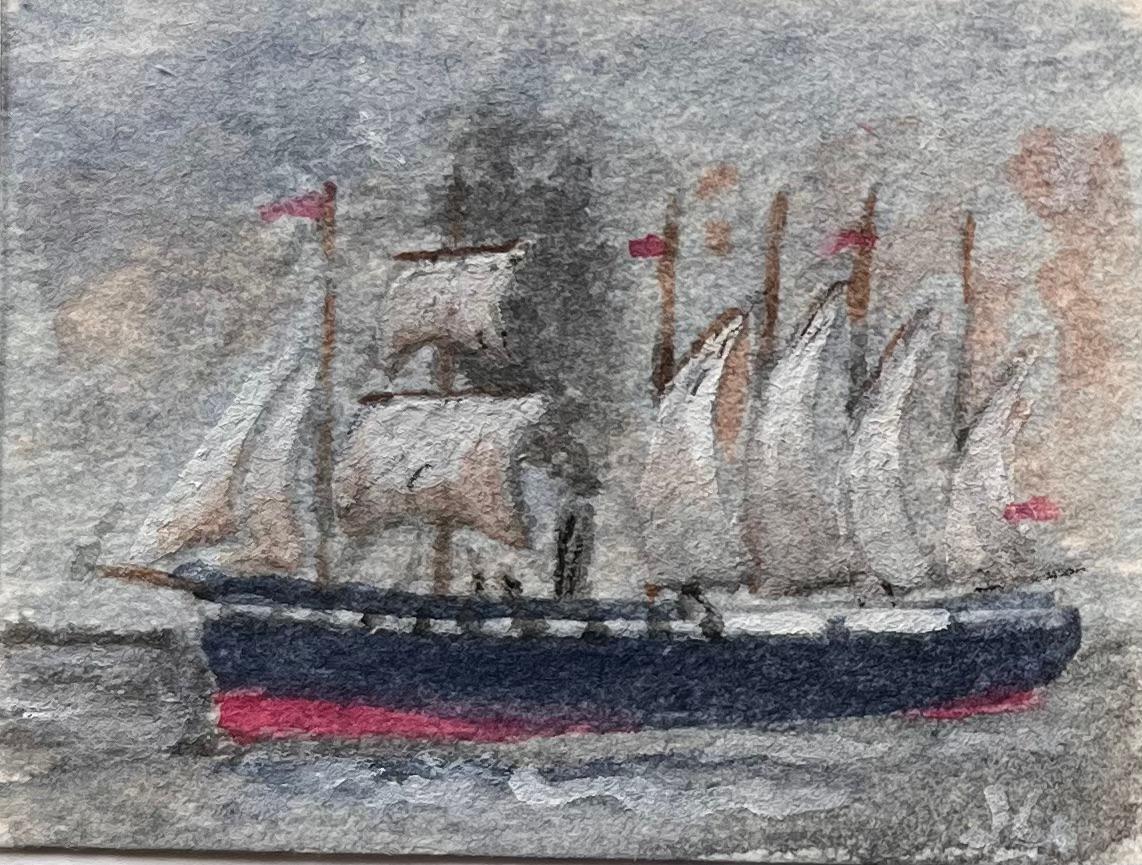 et of Five Miniature Watercolors of The Matthew and Early Steamships - Gray Landscape Art by Jack Grunwell