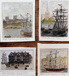 Conjunto de cuatro acuarelas en miniatura de las ciudades marítimas e históricas de Bristol y Whitby