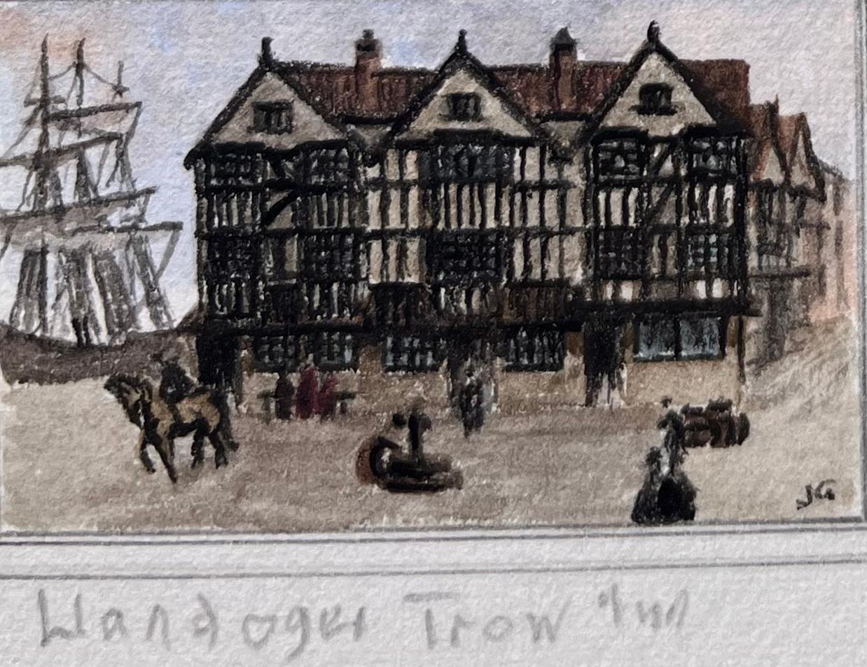 Title: Set of Four Miniature Watercolors of Maritime and Historic Bristol & Whitby
by Jack Grunwell, 20th century British artist 
Medium: Watercolor on thin card, unframed
Measurements (each): Approx. between: 2.75 inches (height) x 2.25 inches