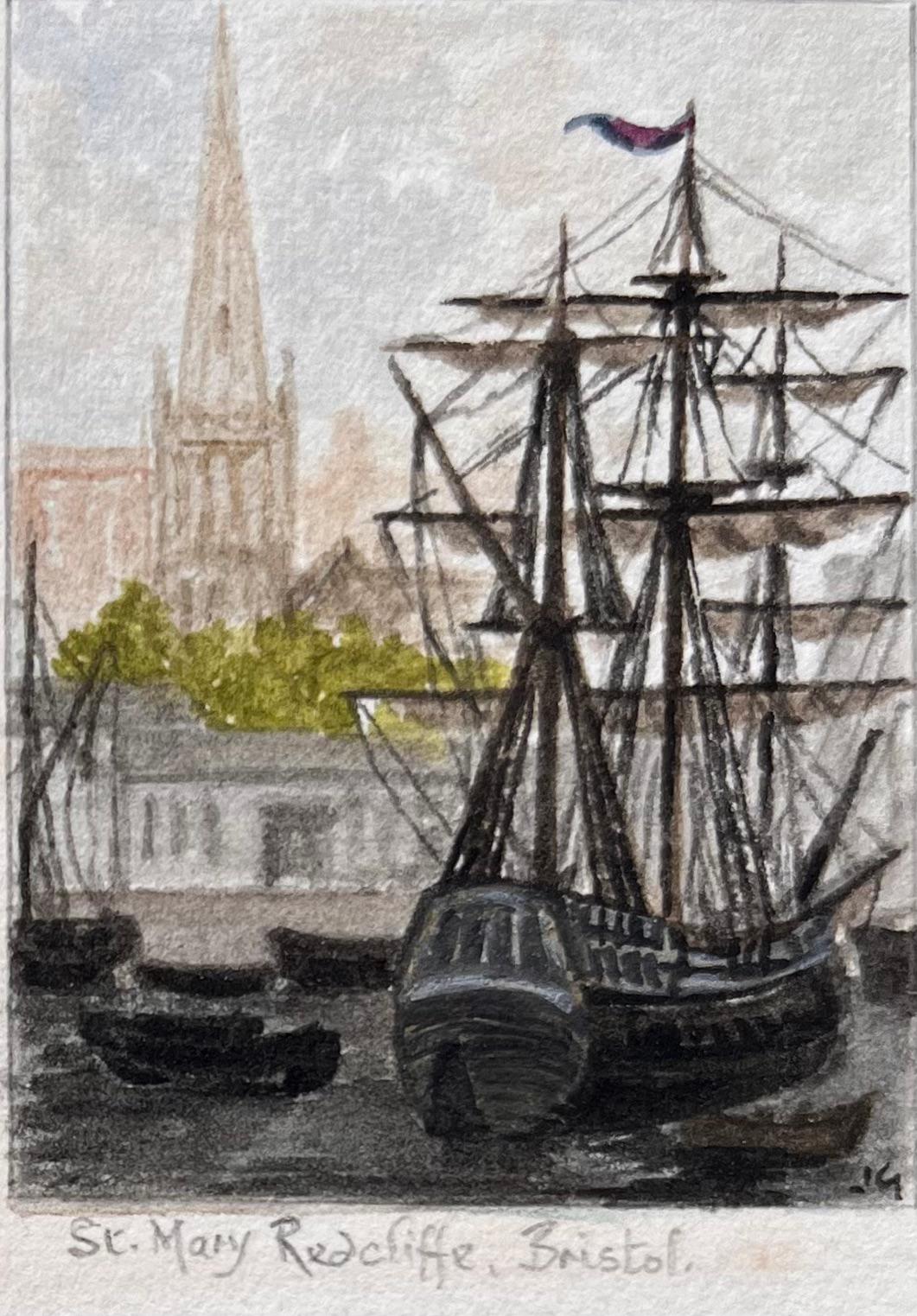Set of Four Miniature Watercolors of Maritime and Historic Bristol & Whitby - Gray Landscape Art by Jack Grunwell