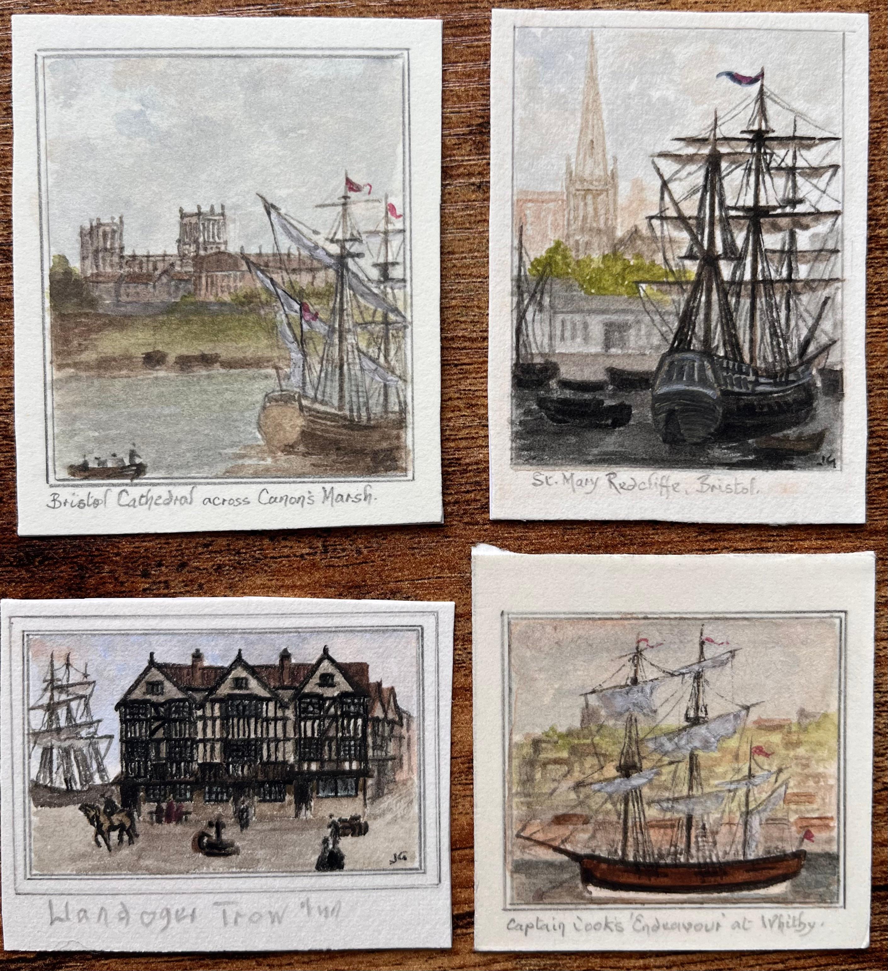 Set of Four Miniature Watercolors of Maritime and Historic Bristol & Whitby - Art by Jack Grunwell