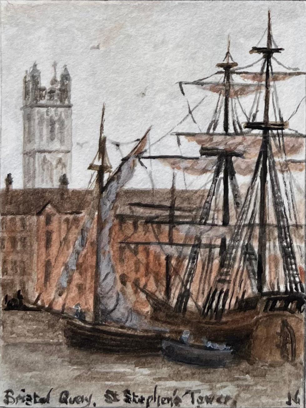 Titolo: Set di quattro acquerelli in miniatura di Redcliffe e del porto di Bristol
di Jack Grunwell, artista britannico del XX secolo 
Medium: Acquerello su cartoncino sottile, senza cornice
Misure (ciascuna): Circa tra: 2,75 pollici (altezza) x