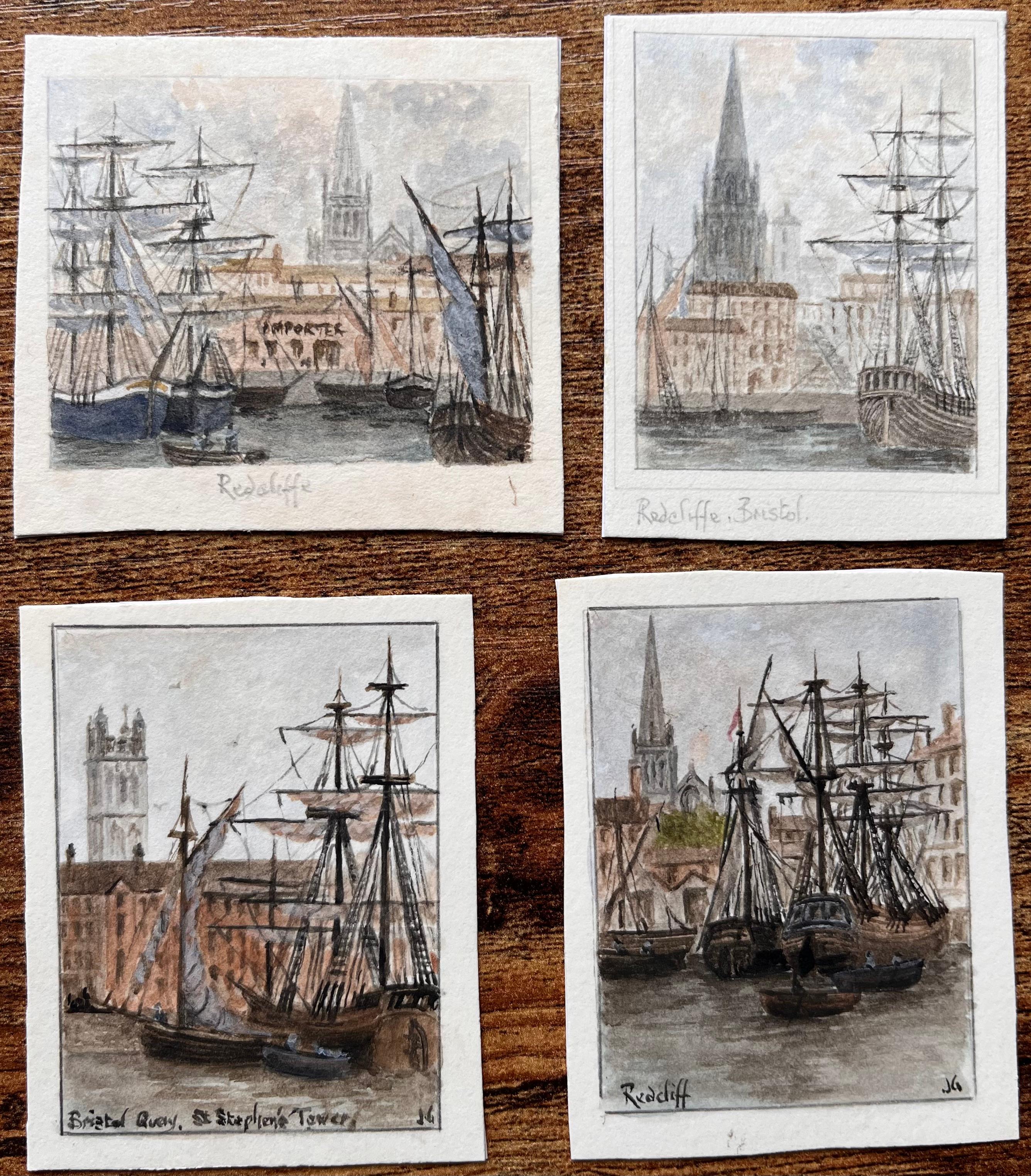 Set di quattro acquerelli in miniatura di Redcliffe e del porto di Bristol - Art di Jack Grunwell