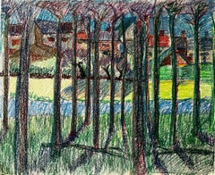 Colourful French Village Landscape Seen Through Trees Pastel Drawing