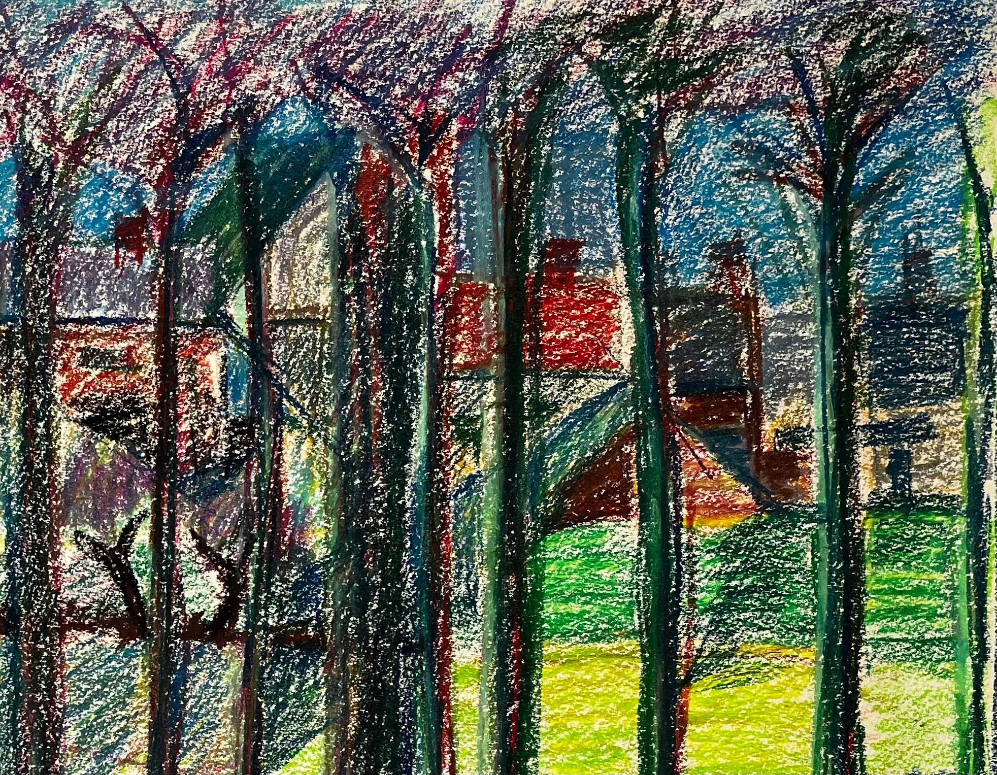 Paesaggio colorato di un villaggio francese visto attraverso gli alberi Disegno a pastello - Art Moderno di Guy Nicod