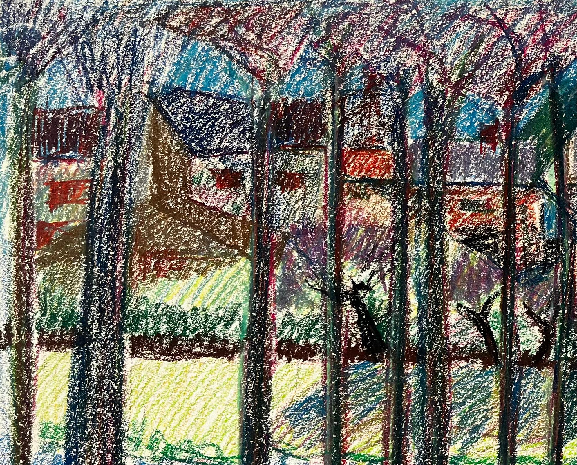 Paesaggio colorato di un villaggio francese visto attraverso gli alberi Disegno a pastello - Landscape Art Nero di Guy Nicod