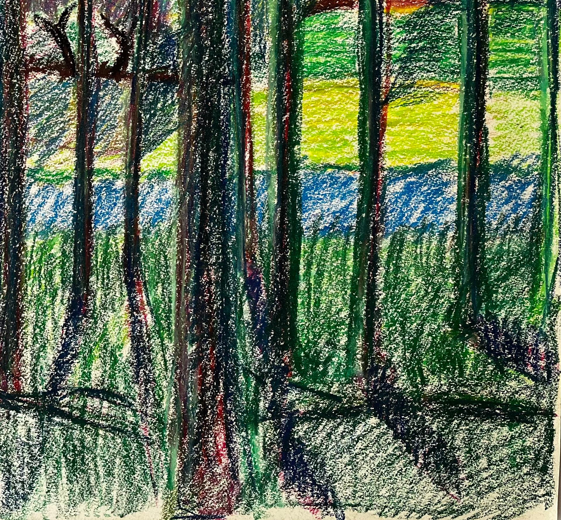 Titolo: Paesaggio colorato di un villaggio francese visto attraverso gli alberi Disegno a pastello
Guy Nicod (francese, 1923 - 2021) 
Pastello a olio su carta d'artista
Dimensioni: 19,5 x 23,5 pollici (altezza x larghezza)
Provenienza: Proprietà di