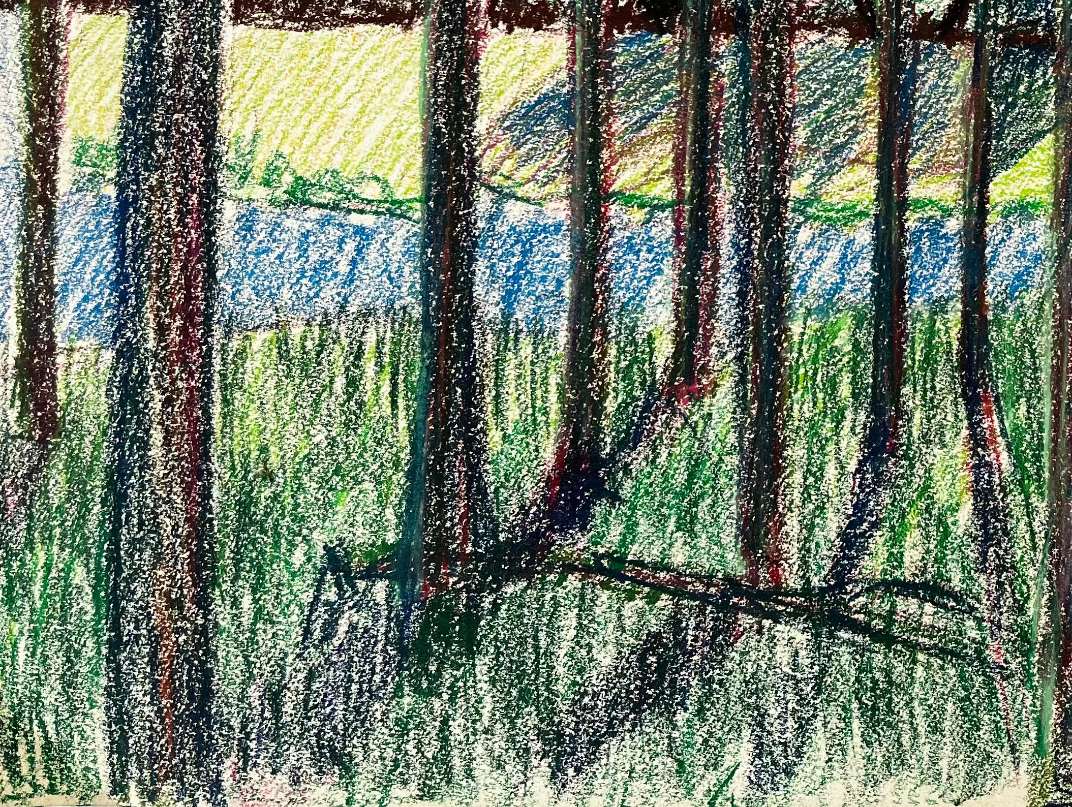 Paesaggio colorato di un villaggio francese visto attraverso gli alberi Disegno a pastello in vendita 1