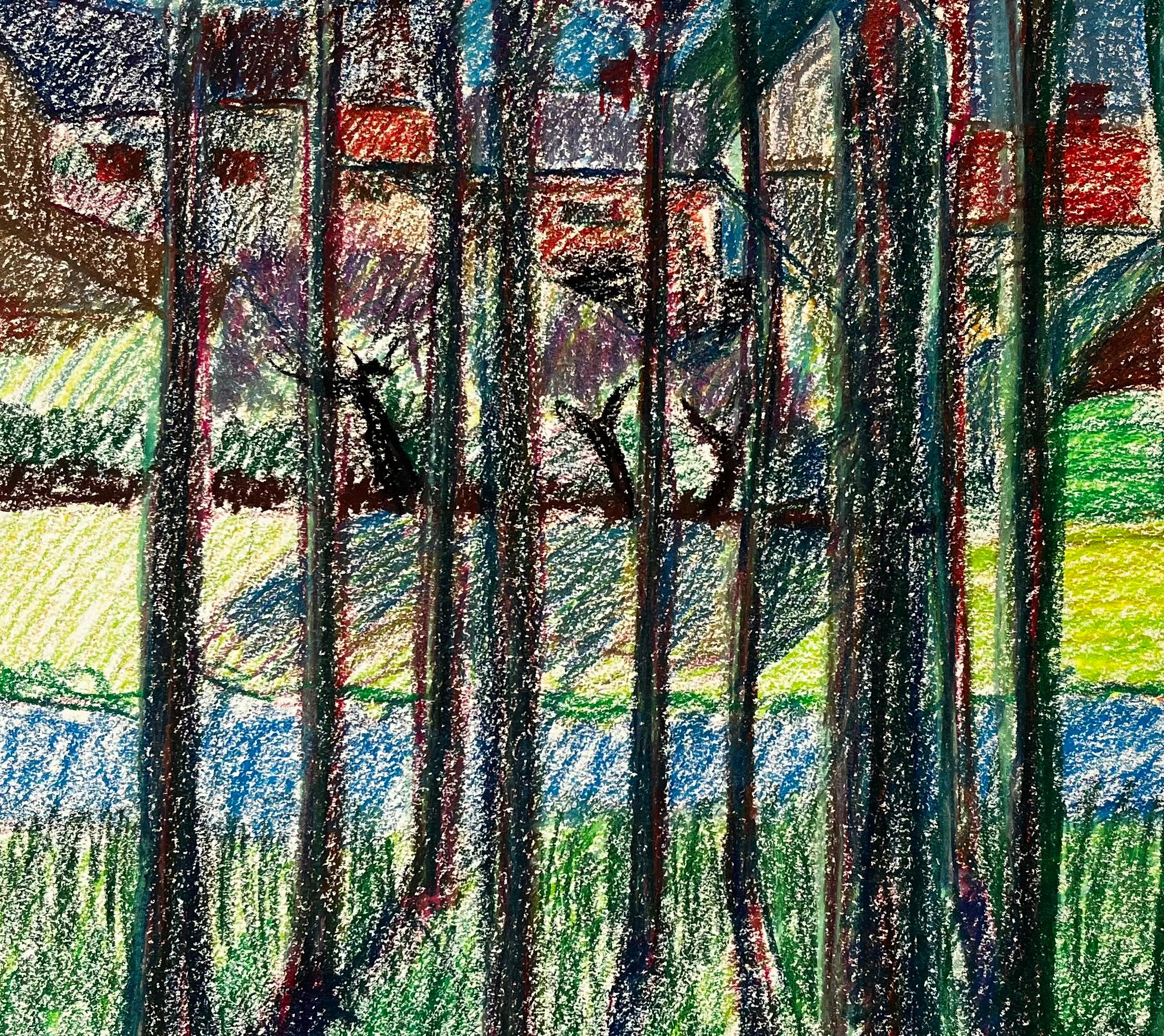 Paesaggio colorato di un villaggio francese visto attraverso gli alberi Disegno a pastello in vendita 2