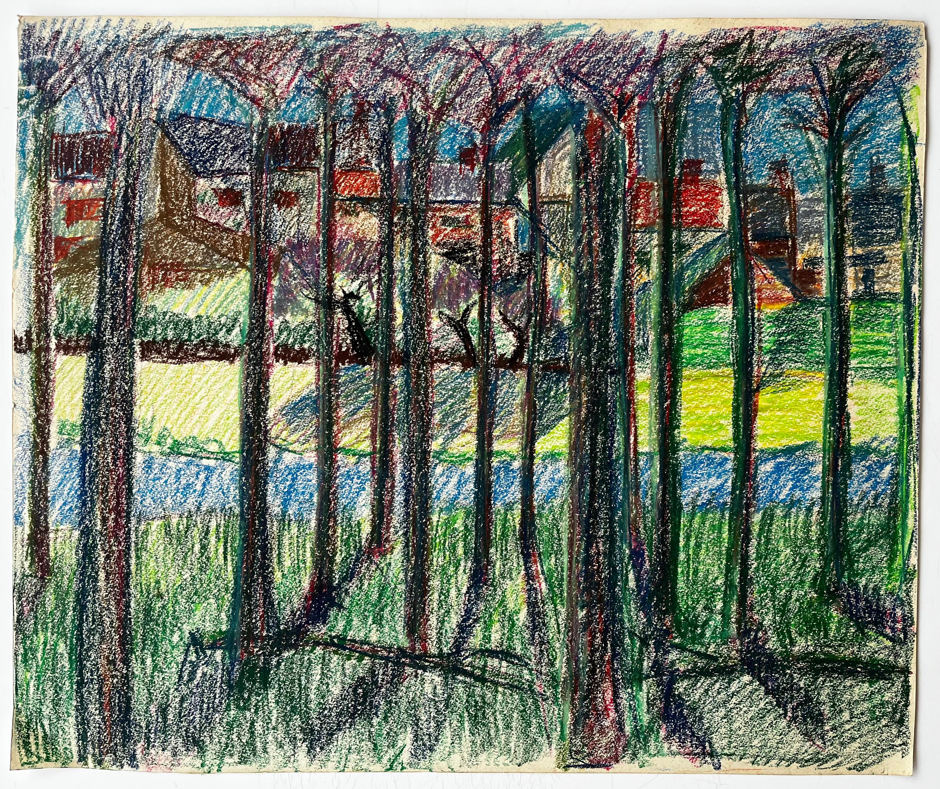 Paesaggio colorato di un villaggio francese visto attraverso gli alberi Disegno a pastello - Art di Guy Nicod