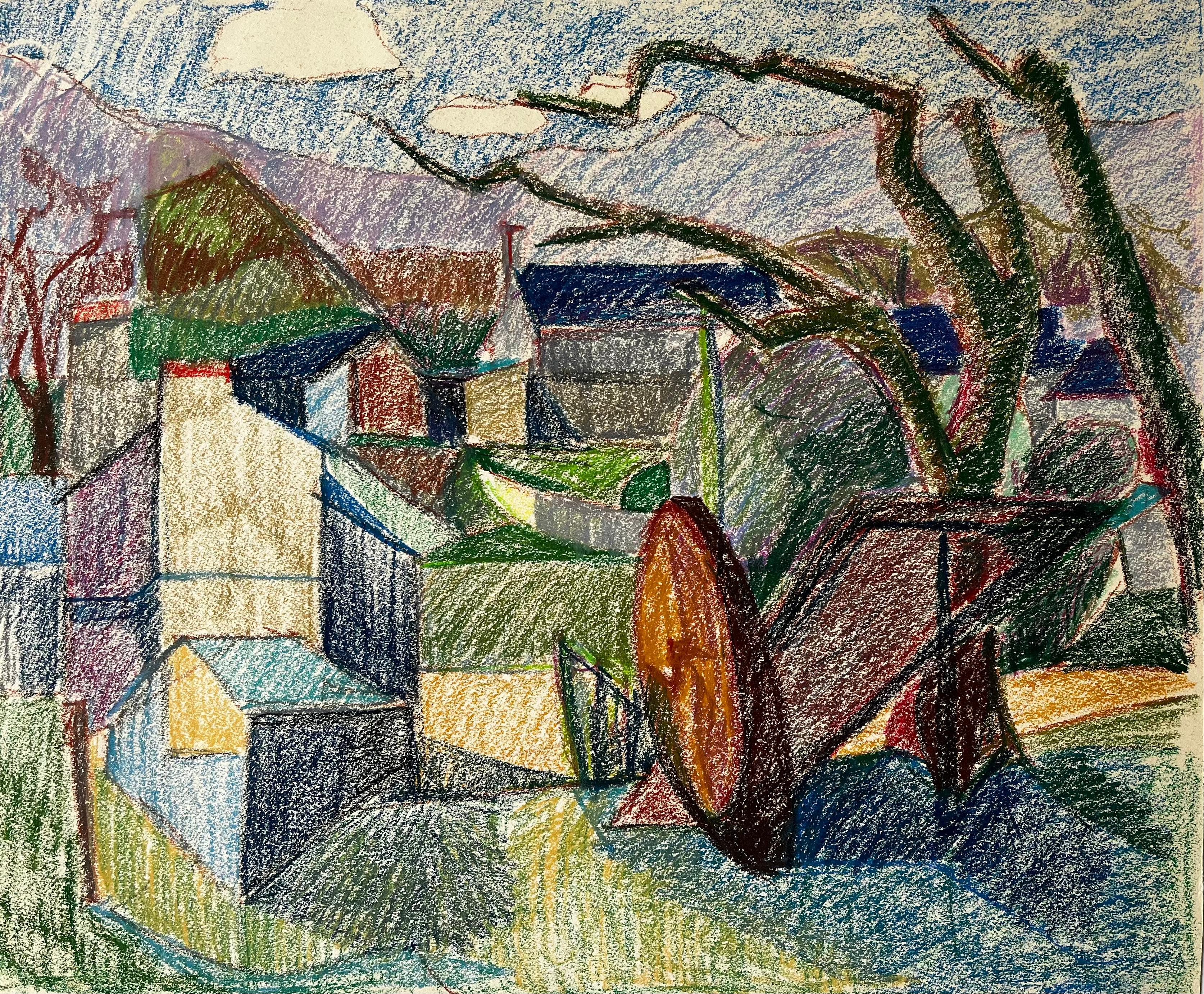 Guy Nicod Abstract Drawing - Colourful French Farmyard Scene with Tree Trunks and Mountain View Drawing
