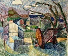 Colourful French Farmyard Scene with Tree Trunks and Mountain View Drawing