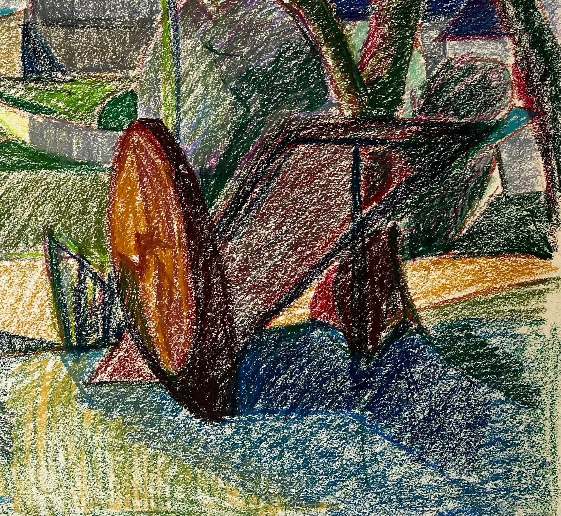 Colourful French Farmyard Scene with Tree Trunks and Mountain View Drawing - Art by Guy Nicod