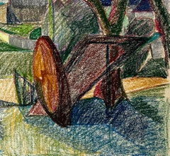Disegno di un'aia francese colorata con tronchi d'albero e vista sulle montagne