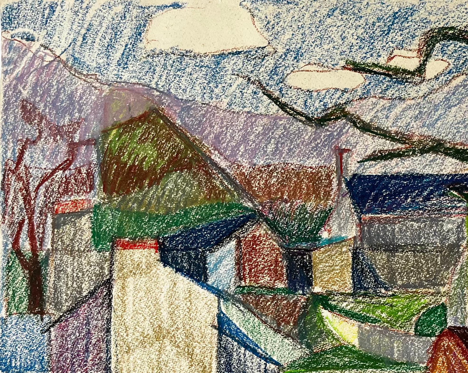 Title: Colourful French Farmyard Scene with Tree Trunks and Mountain View Drawing
Guy Nicod (French 1923 - 2021) 
Oil pastel on artist paper
Size: 19.75 x 23.5 inches (height x width)
Provenance: Artists estate, France
Condition: Good – strong