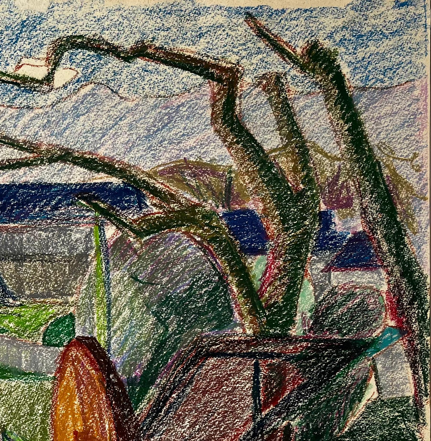 Colourful French Farmyard Scene with Tree Trunks and Mountain View Drawing - Gray Abstract Drawing by Guy Nicod