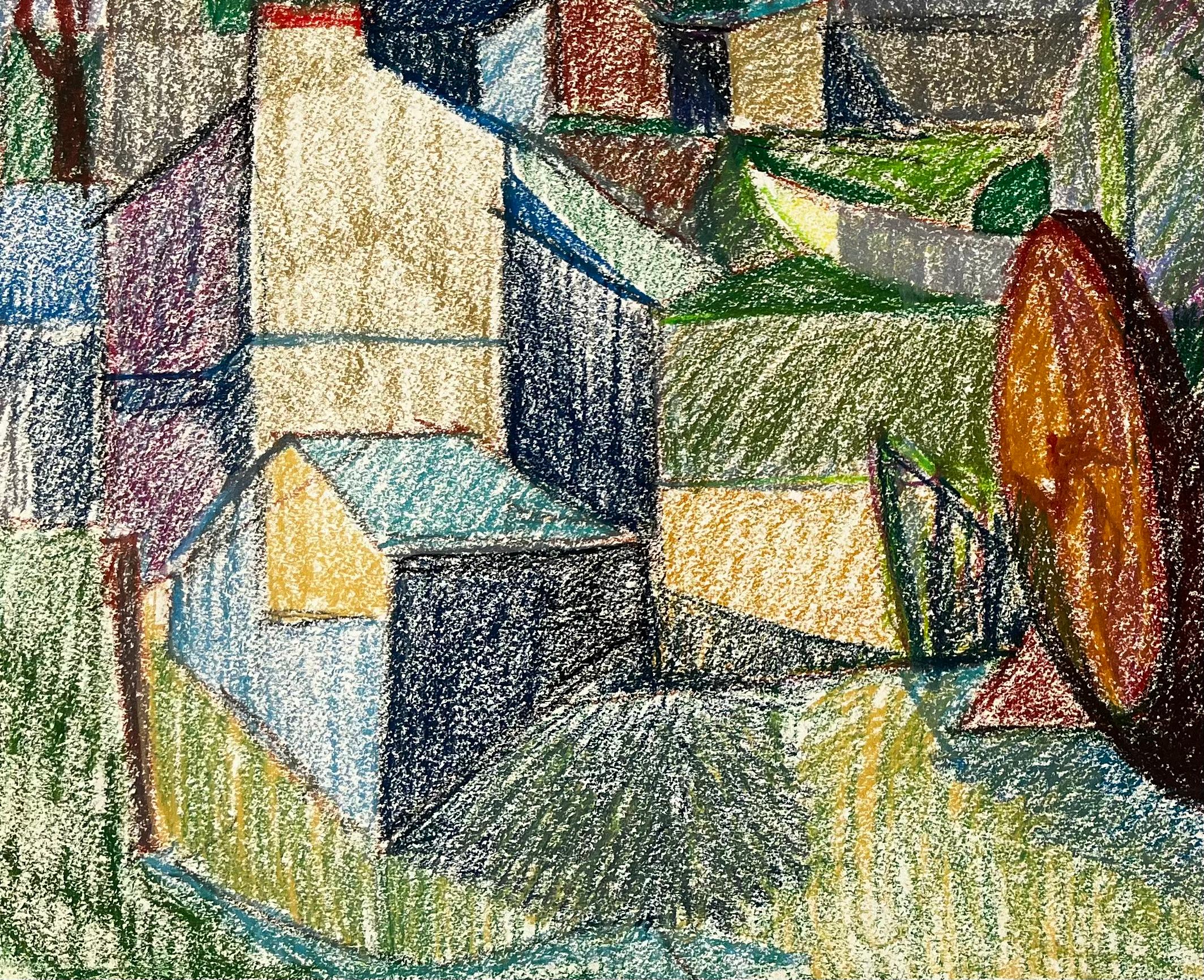 Colourful French Farmyard Scene with Tree Trunks and Mountain View Drawing For Sale 1