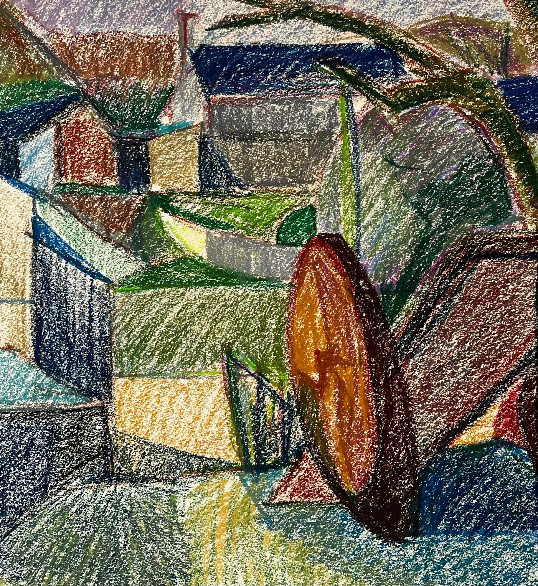 Colourful French Farmyard Scene with Tree Trunks and Mountain View Drawing For Sale 2