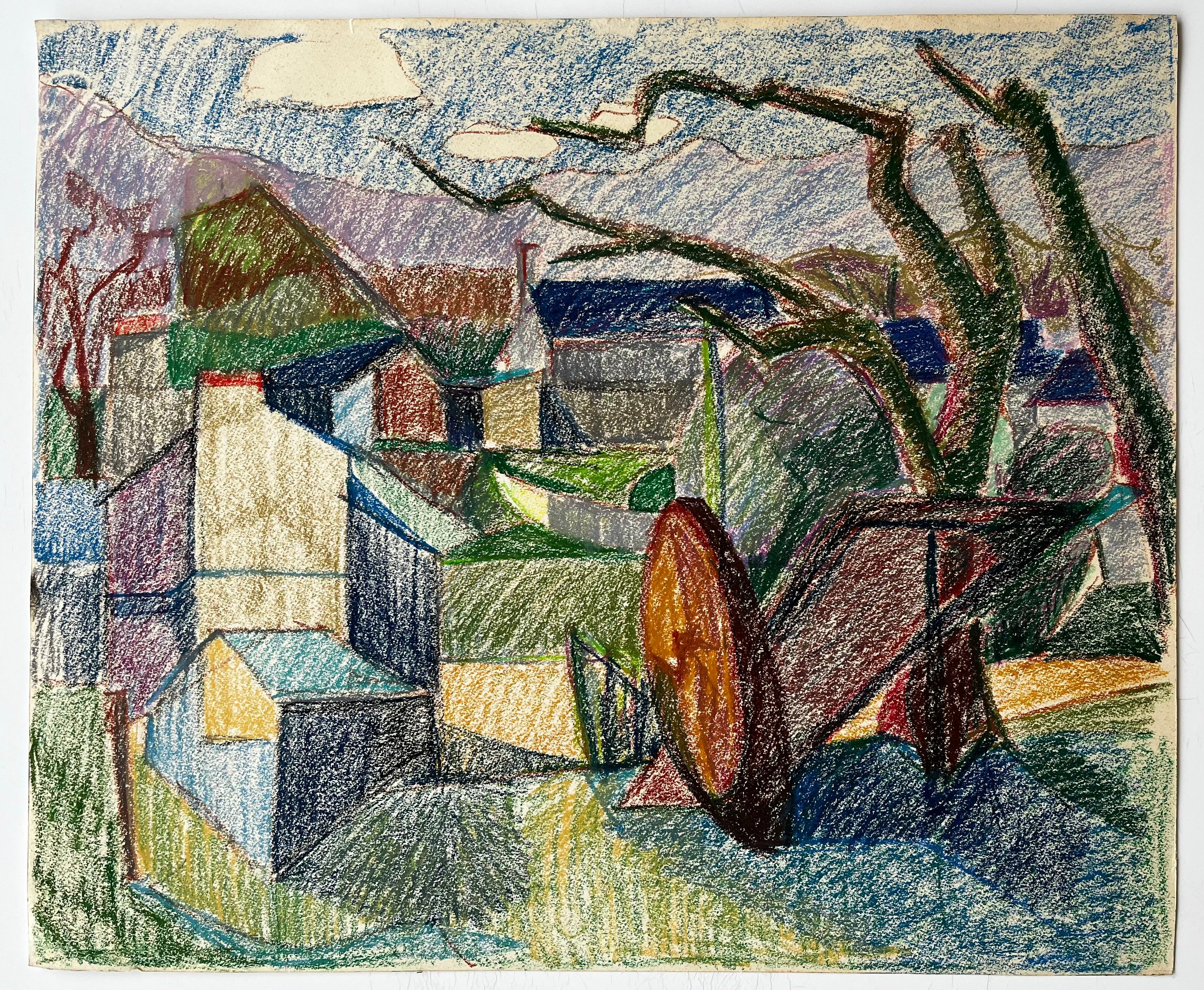 Colourful French Farmyard Scene with Tree Trunks and Mountain View Drawing - Modern Art by Guy Nicod