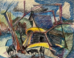 Modernist French Landscape with Cows Trees and Yellow and Blue Roofs