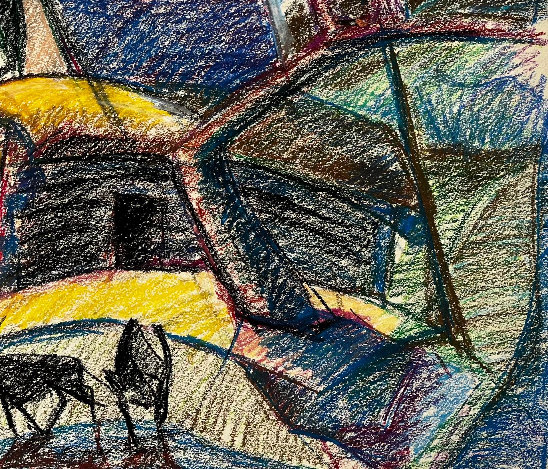 Paesaggio francese modernista con mucche, alberi e tetti gialli e blu - Art Moderno di Guy Nicod