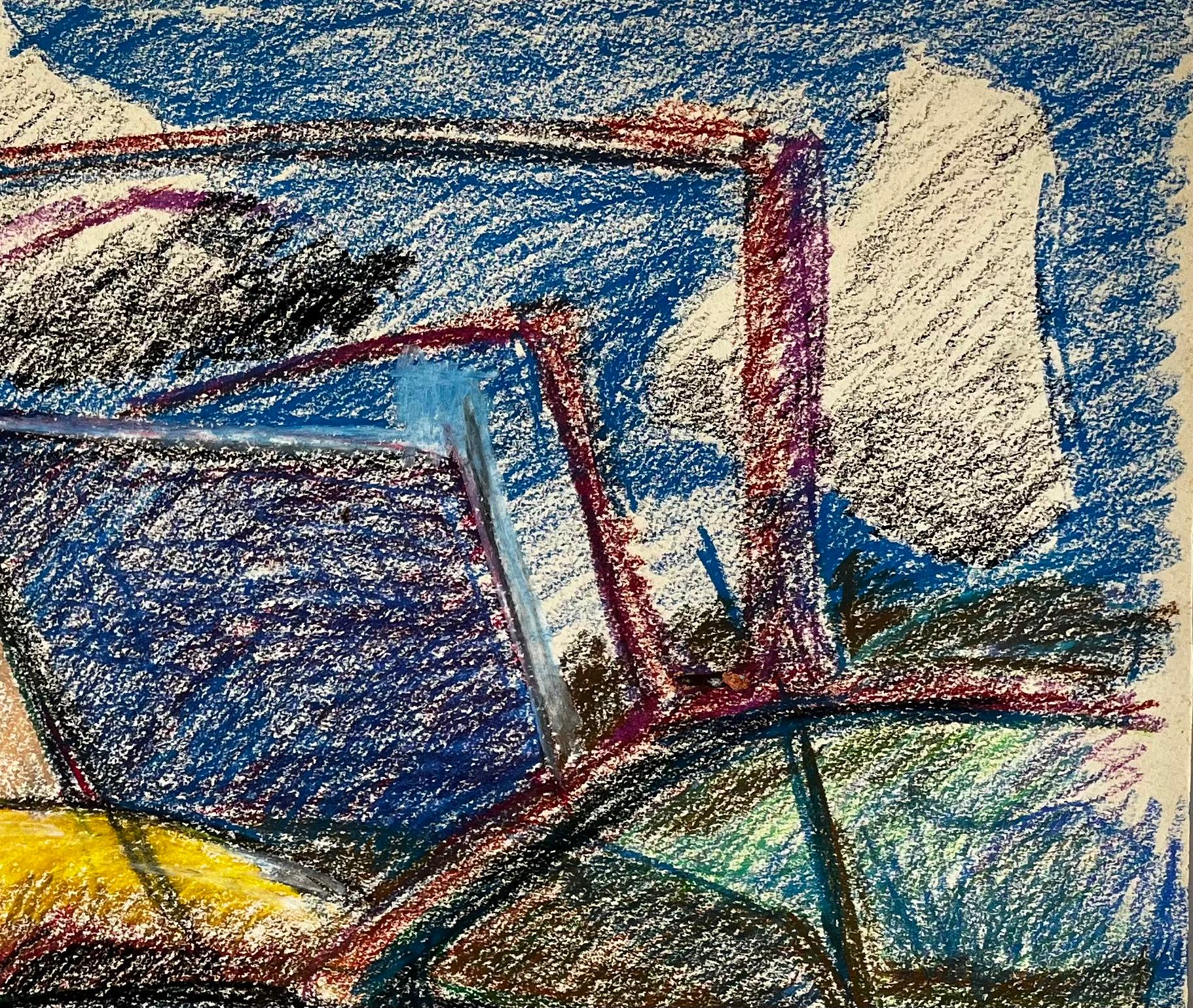 Paesaggio francese modernista con mucche, alberi e tetti gialli e blu - Abstract Drawing Nero di Guy Nicod