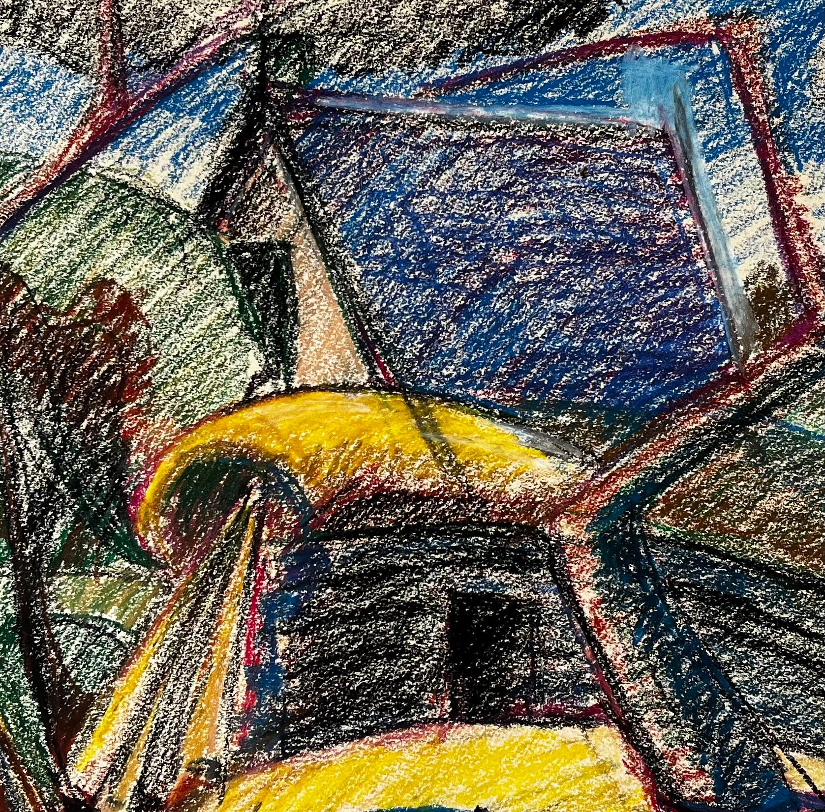 Paesaggio francese modernista con mucche, alberi e tetti gialli e blu in vendita 2