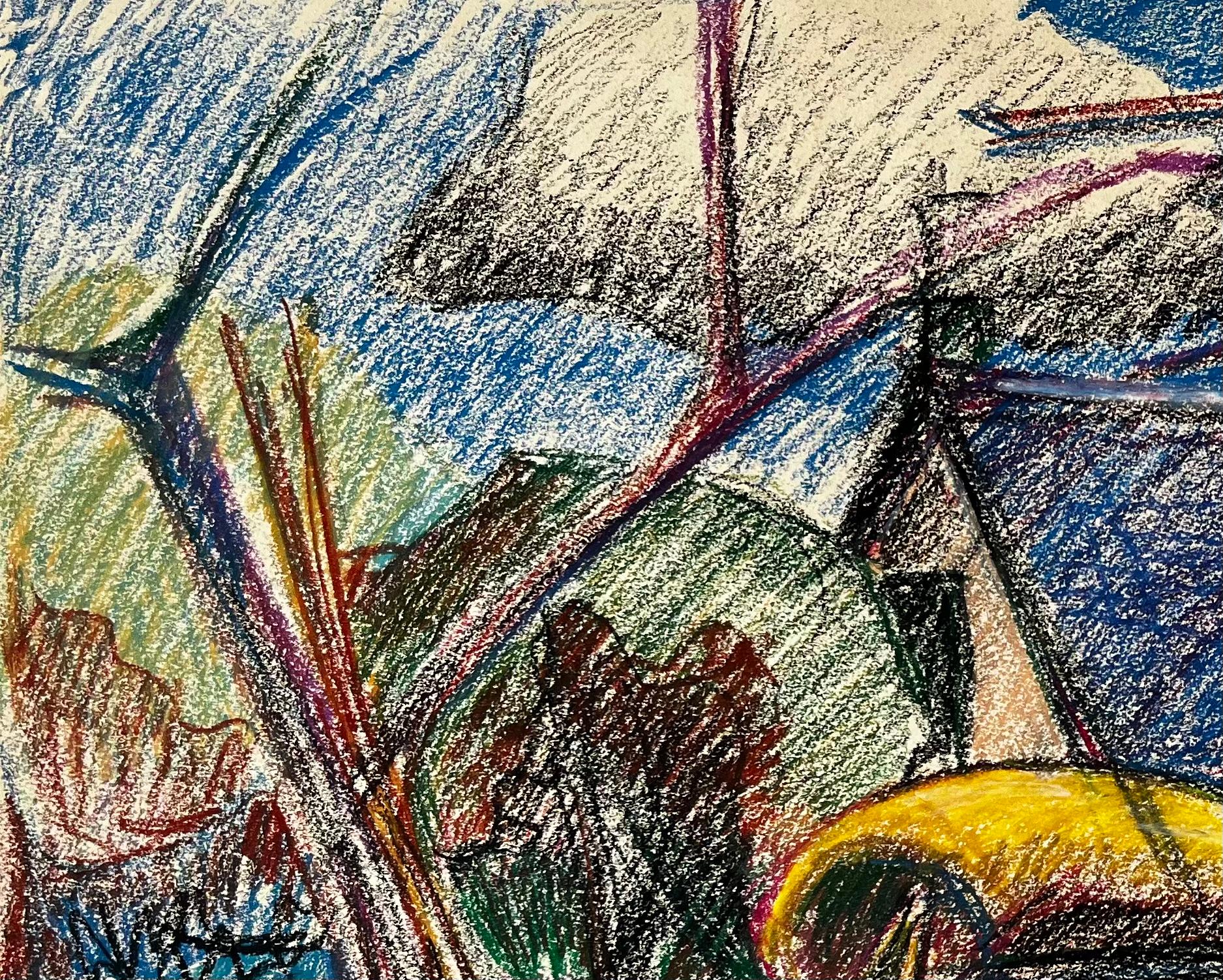 Titolo: Paesaggio francese modernista con mucche, alberi e tetti gialli e blu
Guy Nicod (francese, 1923 - 2021) 
Pastello a olio su carta d'artista
Dimensioni: 19,75 x 23,5 pollici (altezza x larghezza)
Provenienza: Proprietà di Artistics,