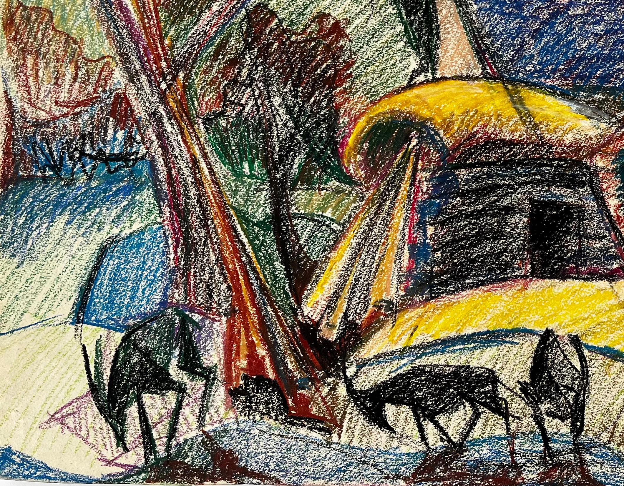 Paesaggio francese modernista con mucche, alberi e tetti gialli e blu in vendita 1