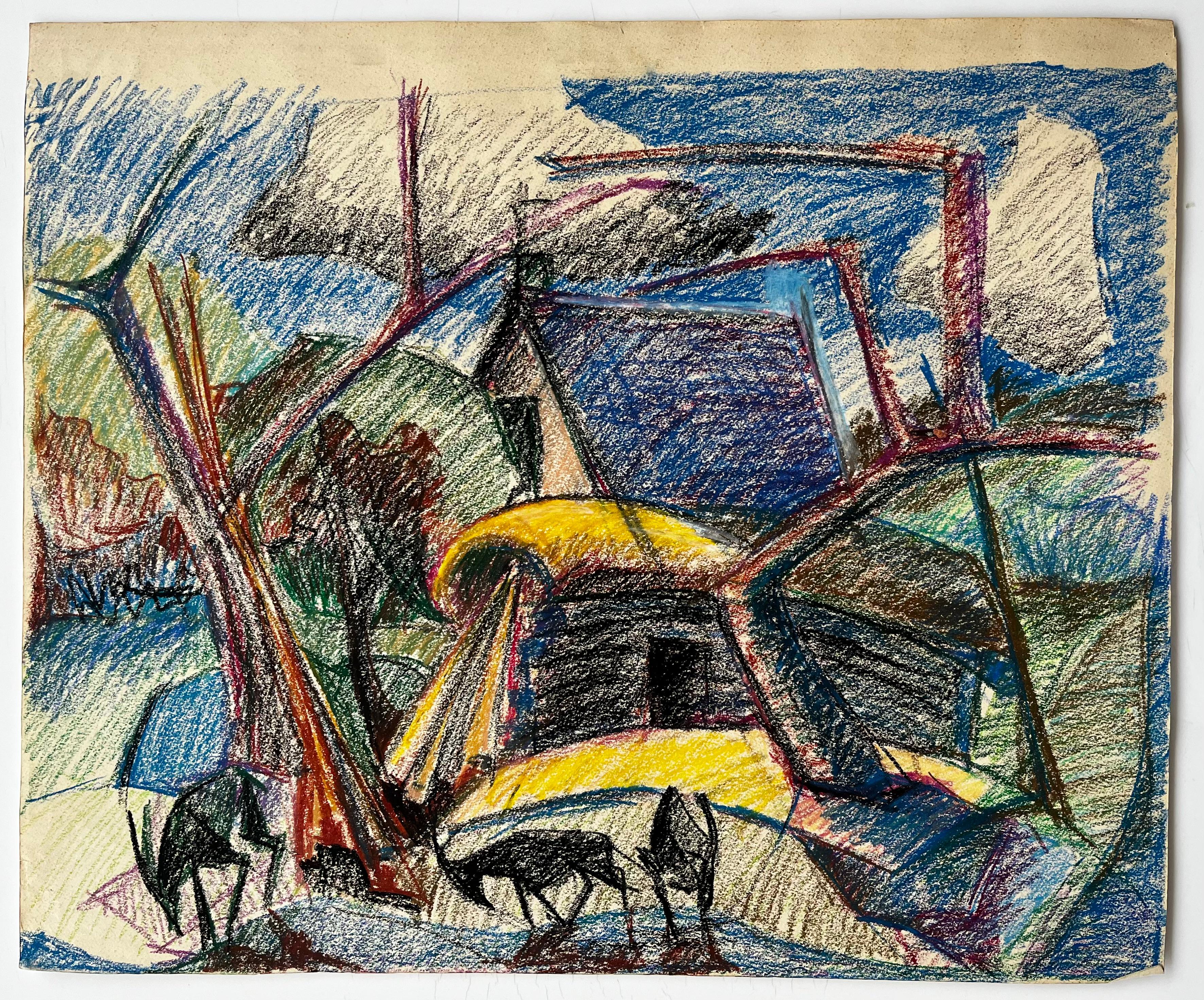 Paesaggio francese modernista con mucche, alberi e tetti gialli e blu - Art di Guy Nicod