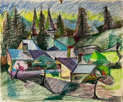French Village with Steeples and Pine Trees Colourful Pastel Landscape Drawing