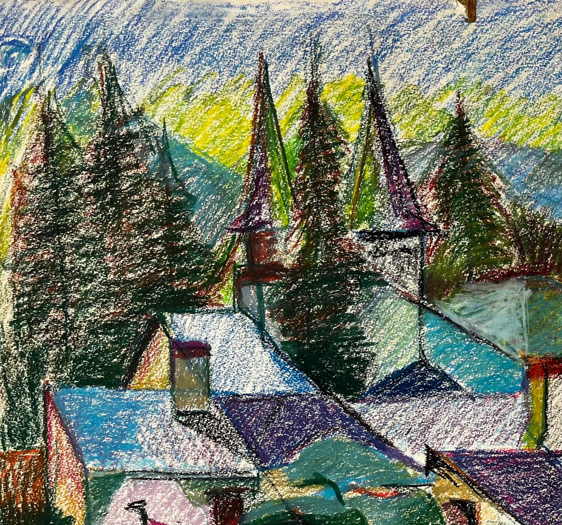 Villaggio francese con guglie e pini Disegno di paesaggio a pastello colorato in vendita 1