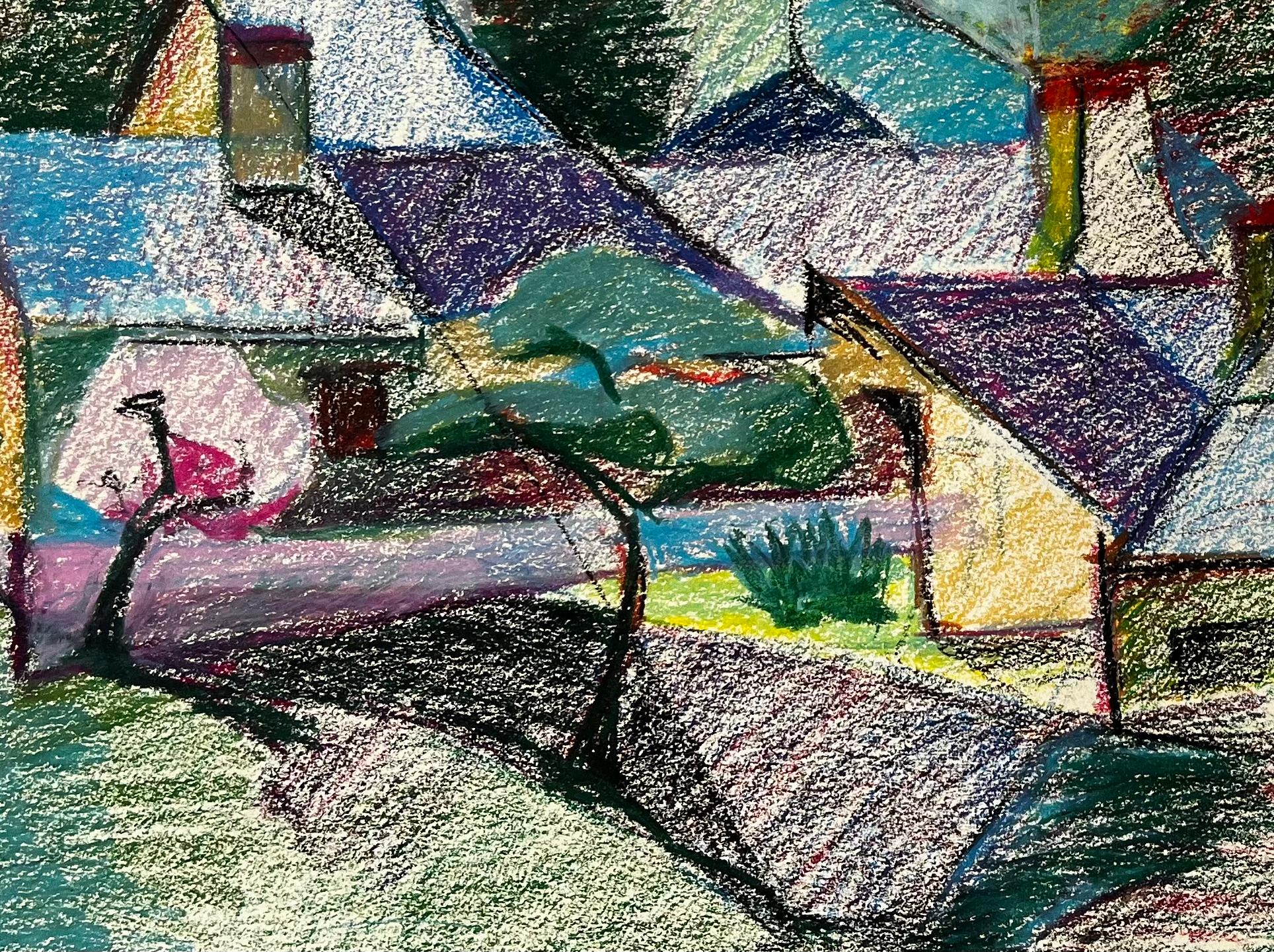 Villaggio francese con guglie e pini Disegno di paesaggio a pastello colorato in vendita 2
