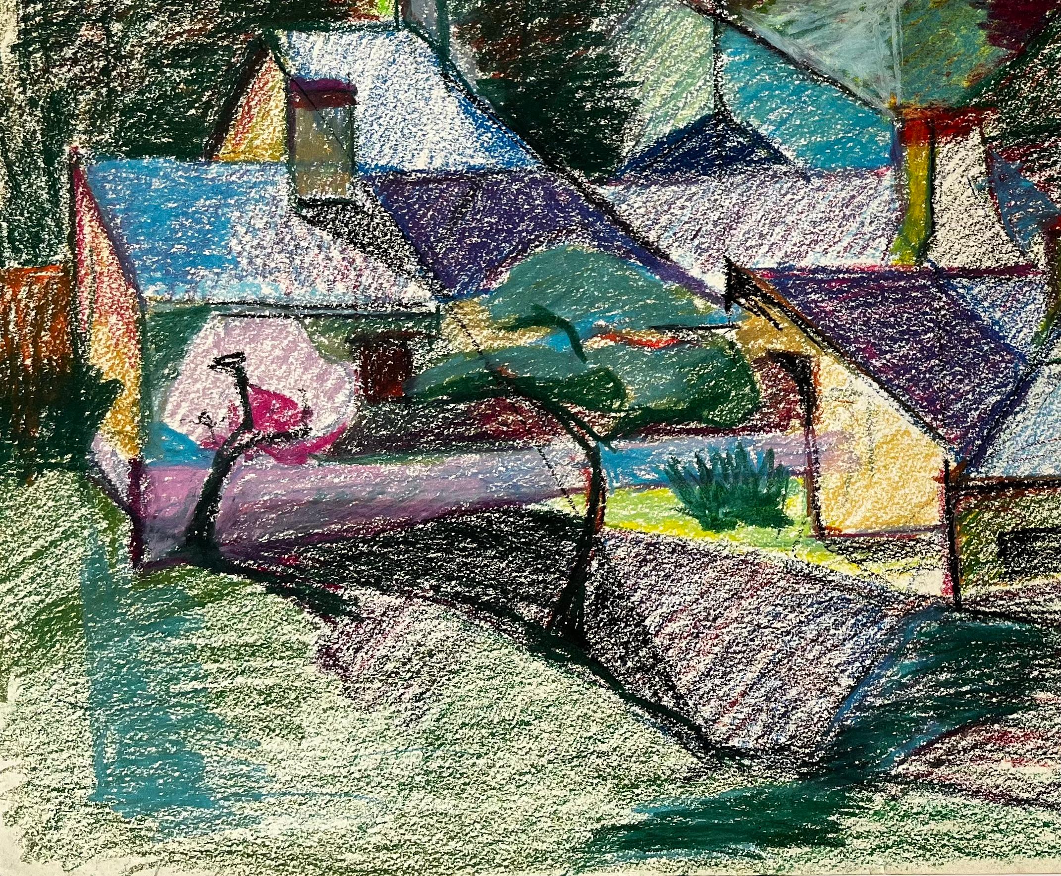 Titolo: Villaggio francese con guglie e pini Disegno di paesaggio a pastello colorato
Guy Nicod (francese, 1923 - 2021) 
Pastello a olio su carta d'artista
Dimensioni: 19,75 x 23,5 pollici (altezza x larghezza)
Provenienza: Proprietà di Artistics,