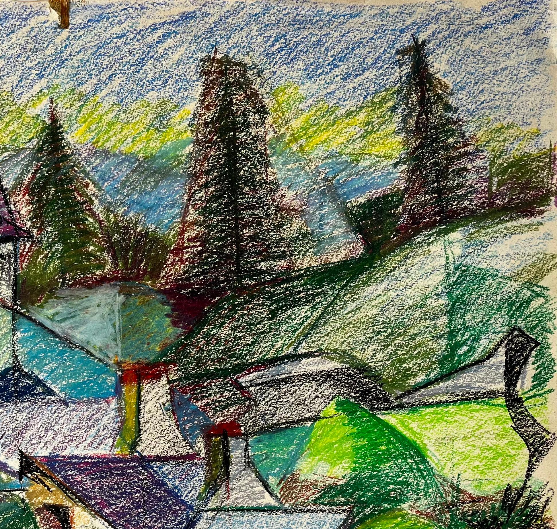 Villaggio francese con guglie e pini Disegno di paesaggio a pastello colorato - Abstract Drawing Grigio di Guy Nicod