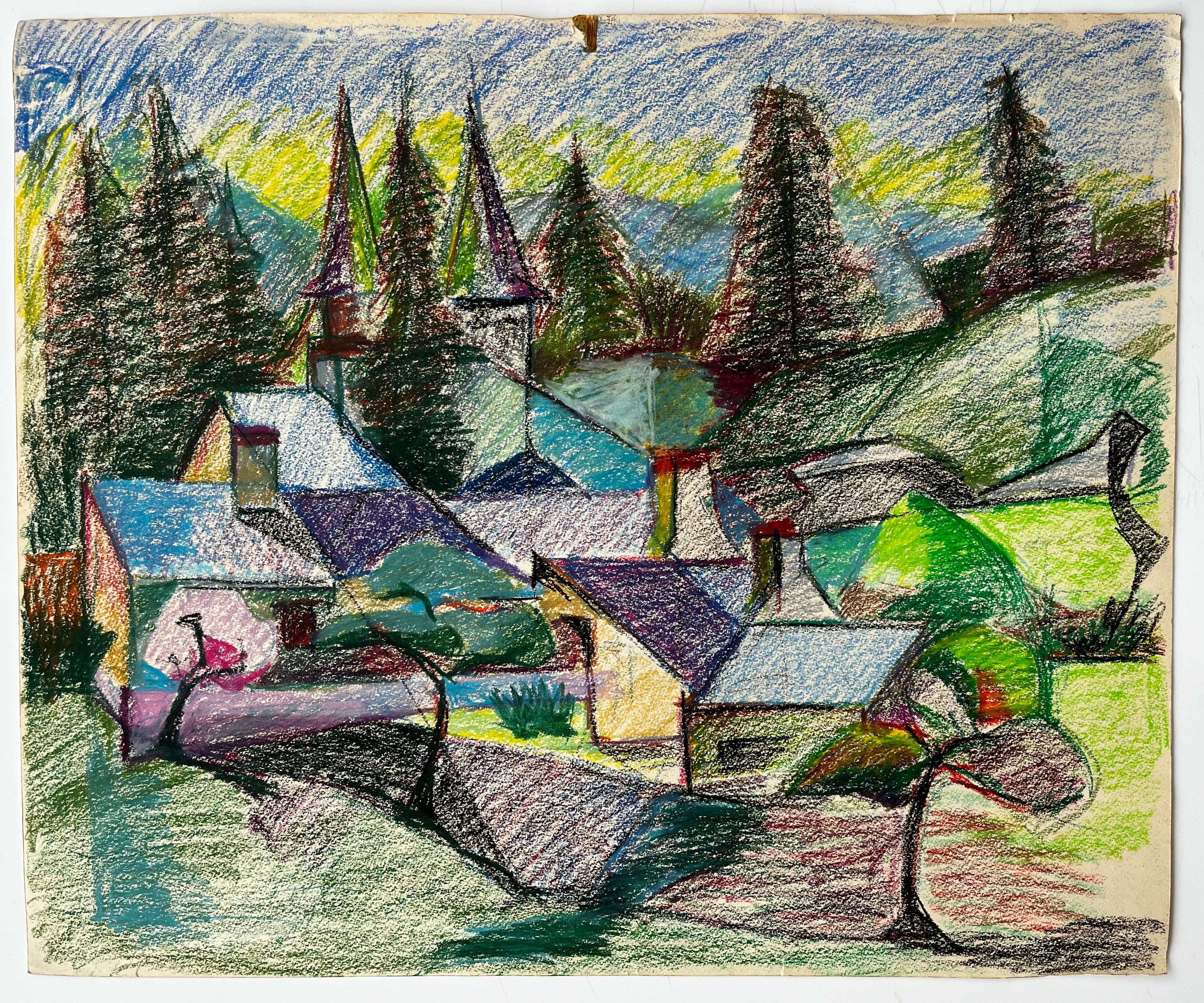 Villaggio francese con guglie e pini Disegno di paesaggio a pastello colorato - Art di Guy Nicod