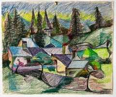 Village français avec clochers et pins Dessin de paysage au pastel coloré