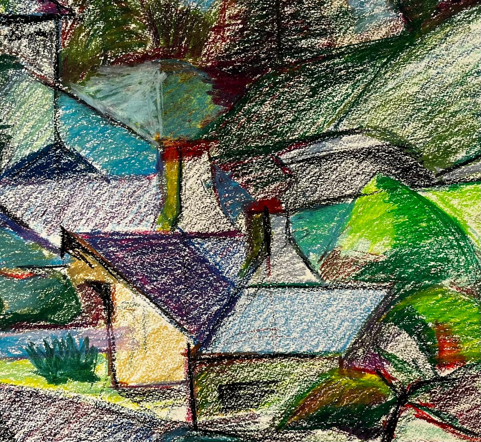 Villaggio francese con guglie e pini Disegno di paesaggio a pastello colorato in vendita 3