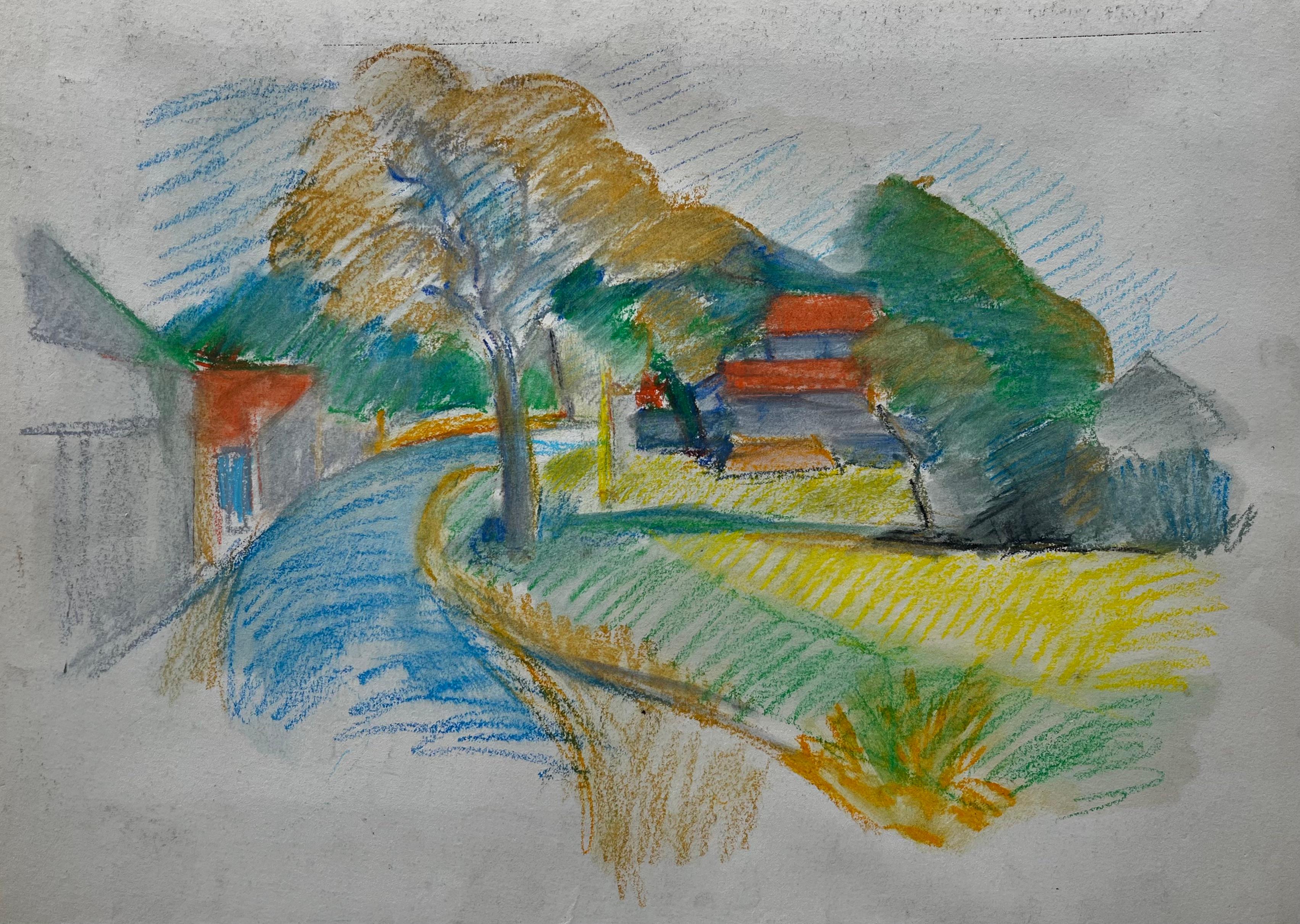 Abstract Drawing di Guy Nicod - Tranquilla curva di un villaggio francese con tetti rossi e alberi Disegno a pastello