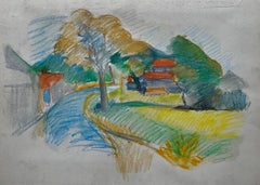 Peaceful French Village Curve with Red Roofs and Tree Pastel Drawing