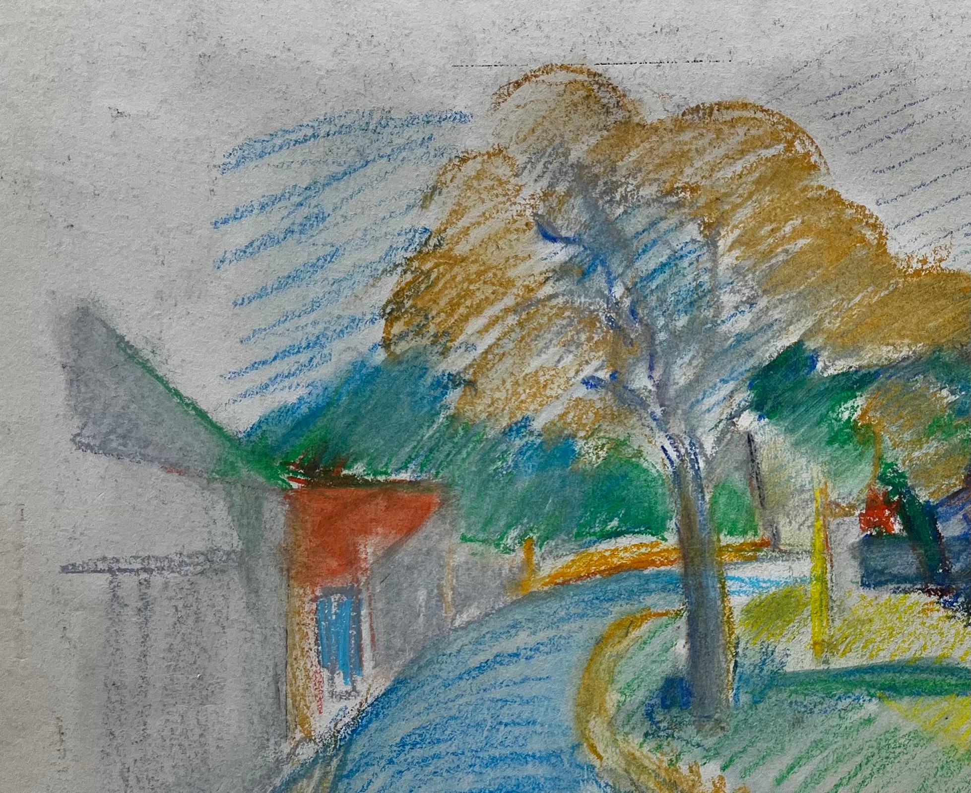 Tranquilla curva di un villaggio francese con tetti rossi e alberi Disegno a pastello - Art Moderno di Guy Nicod