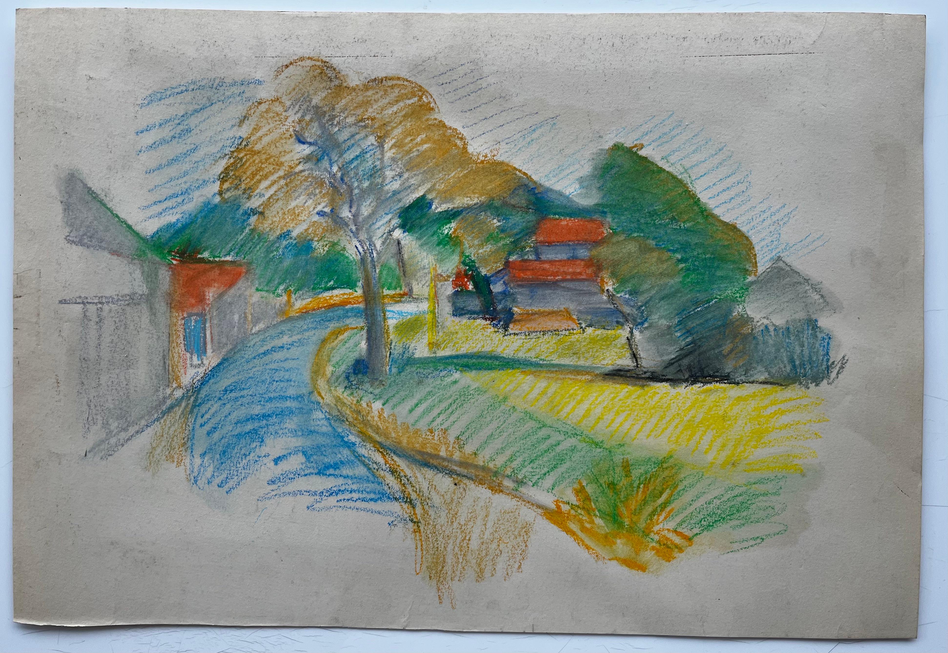 Tranquilla curva di un villaggio francese con tetti rossi e alberi Disegno a pastello - Art di Guy Nicod