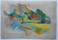 Peaceful French Village Curve with Red Roofs and Tree Pastel Drawing